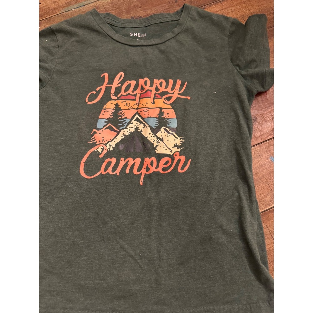SHEIN Kids Happy Camper Graphic Tee Dark Green Short Sleeve T-Shirt Size S